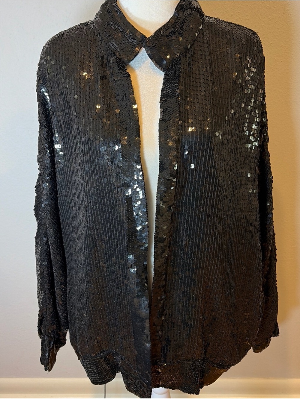 Vintage 80s Caché Black Sequin Silk Bomber Jacket L Coat Evening Party Disco⁠